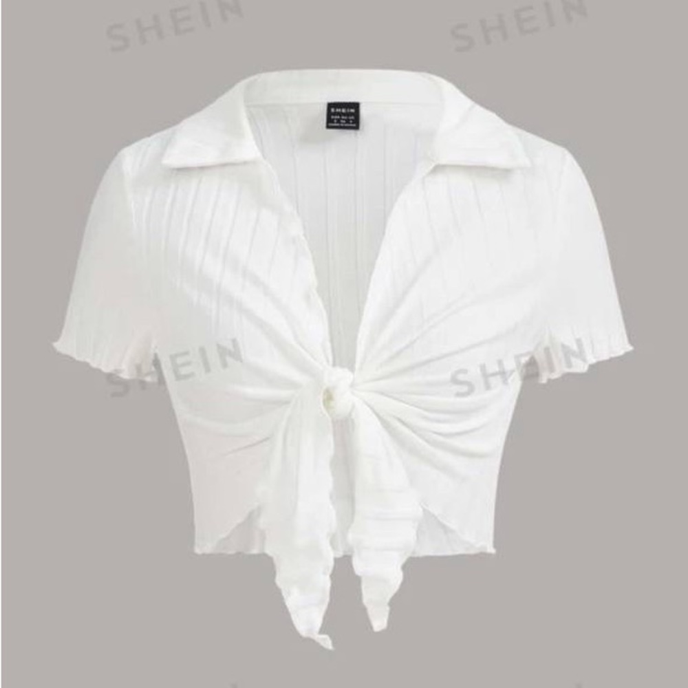 Women’s White Knot-Front Collared Top - Picture 2 of 4